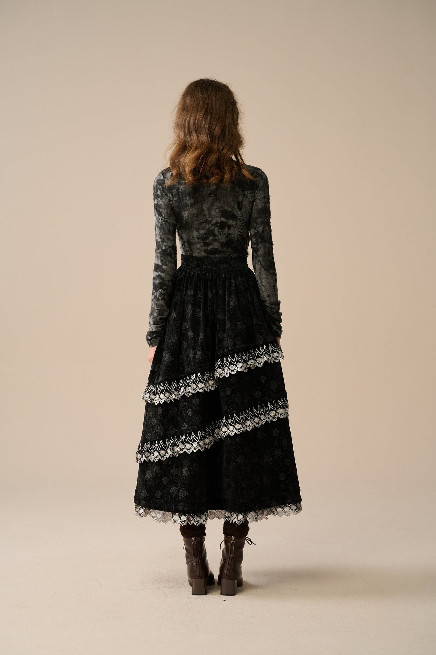 MONICA LAYERED VELVET SKIRT WITH LACE