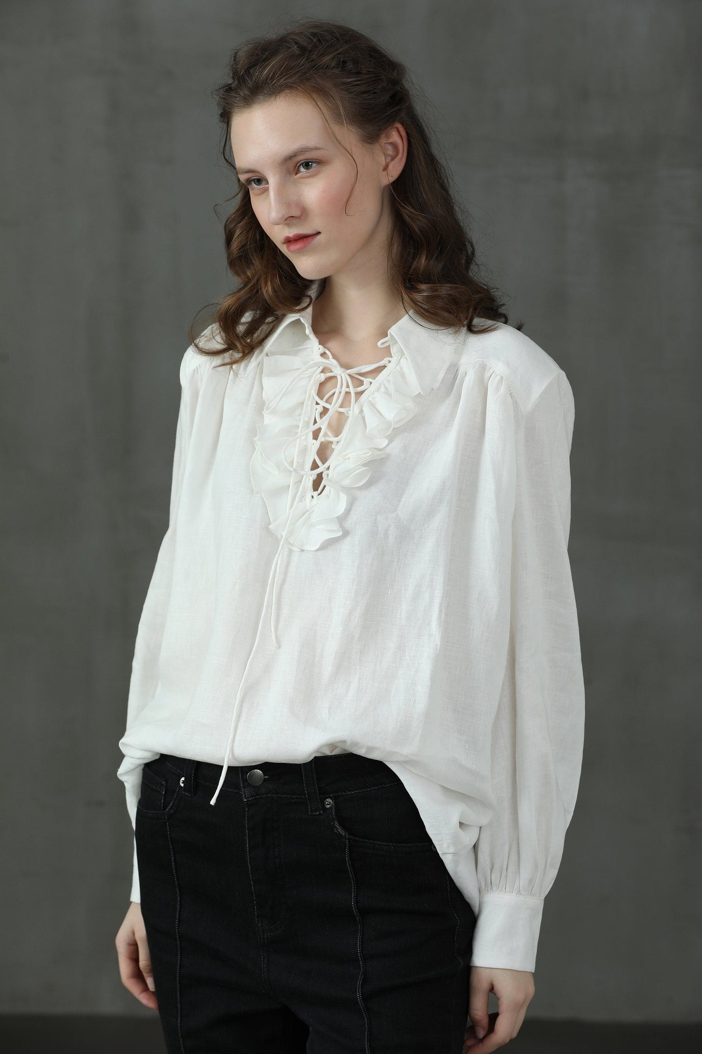 LAUREL LACE-UP LINEN BLOUSE SHIRT