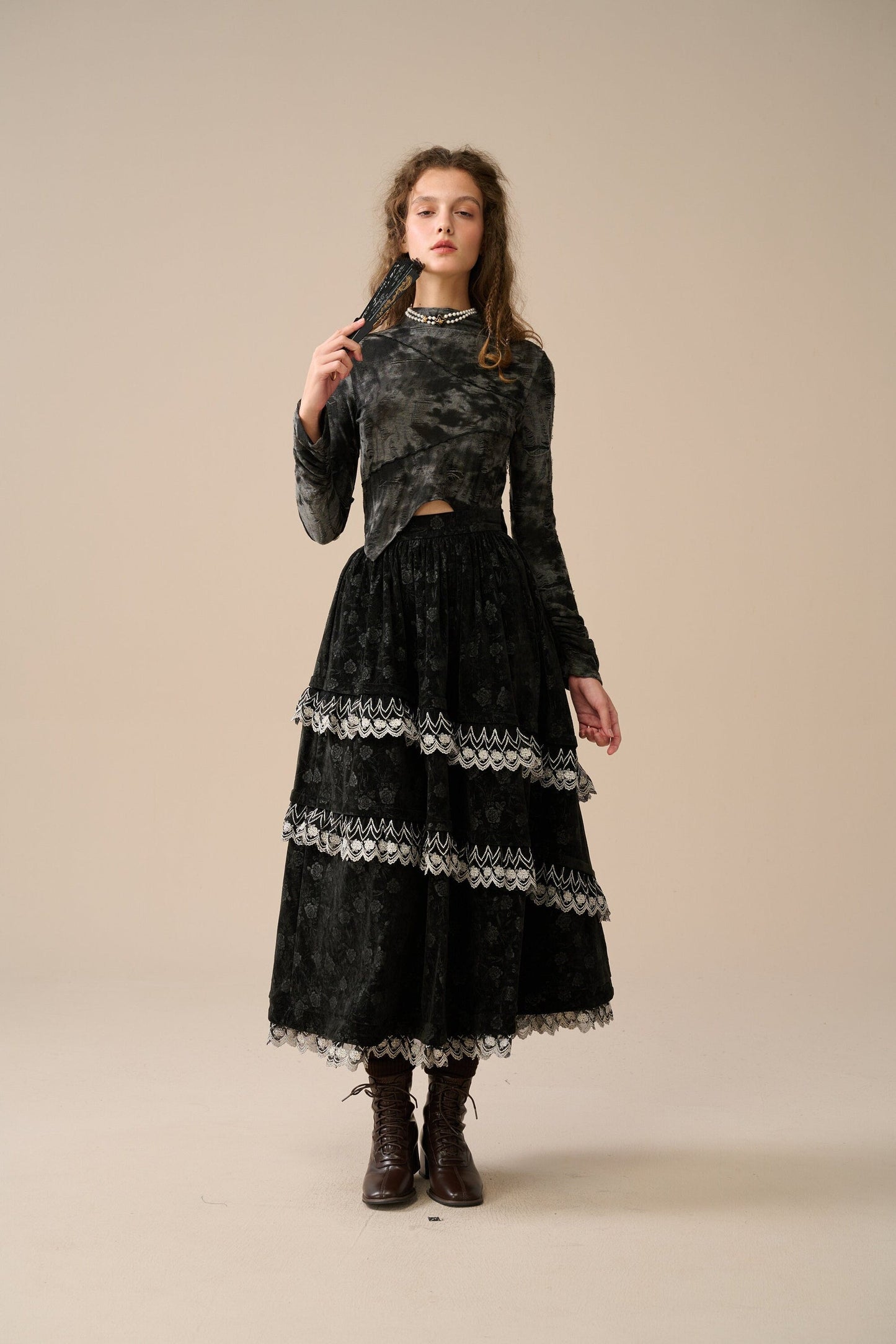 MONICA LAYERED VELVET SKIRT WITH LACE