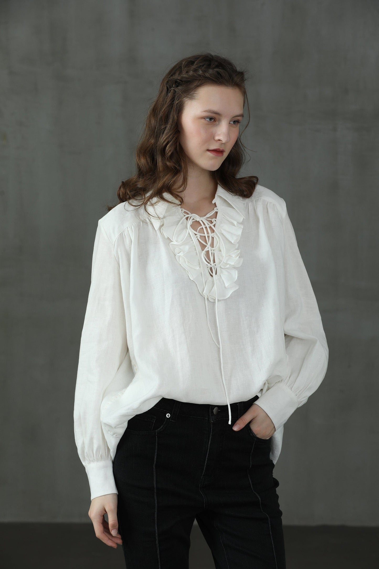 LAUREL LACE-UP LINEN BLOUSE SHIRT