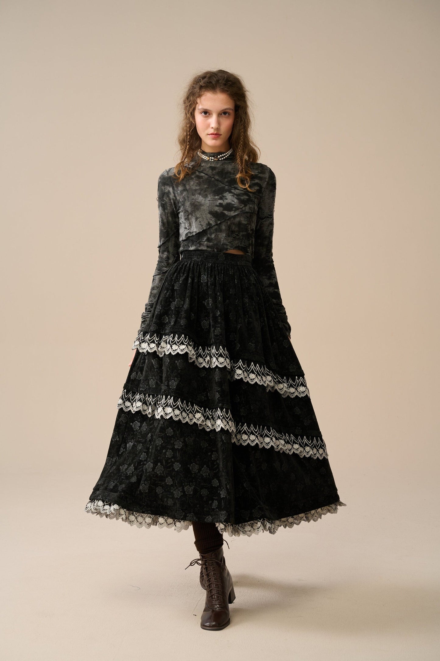 MONICA LAYERED VELVET SKIRT WITH LACE