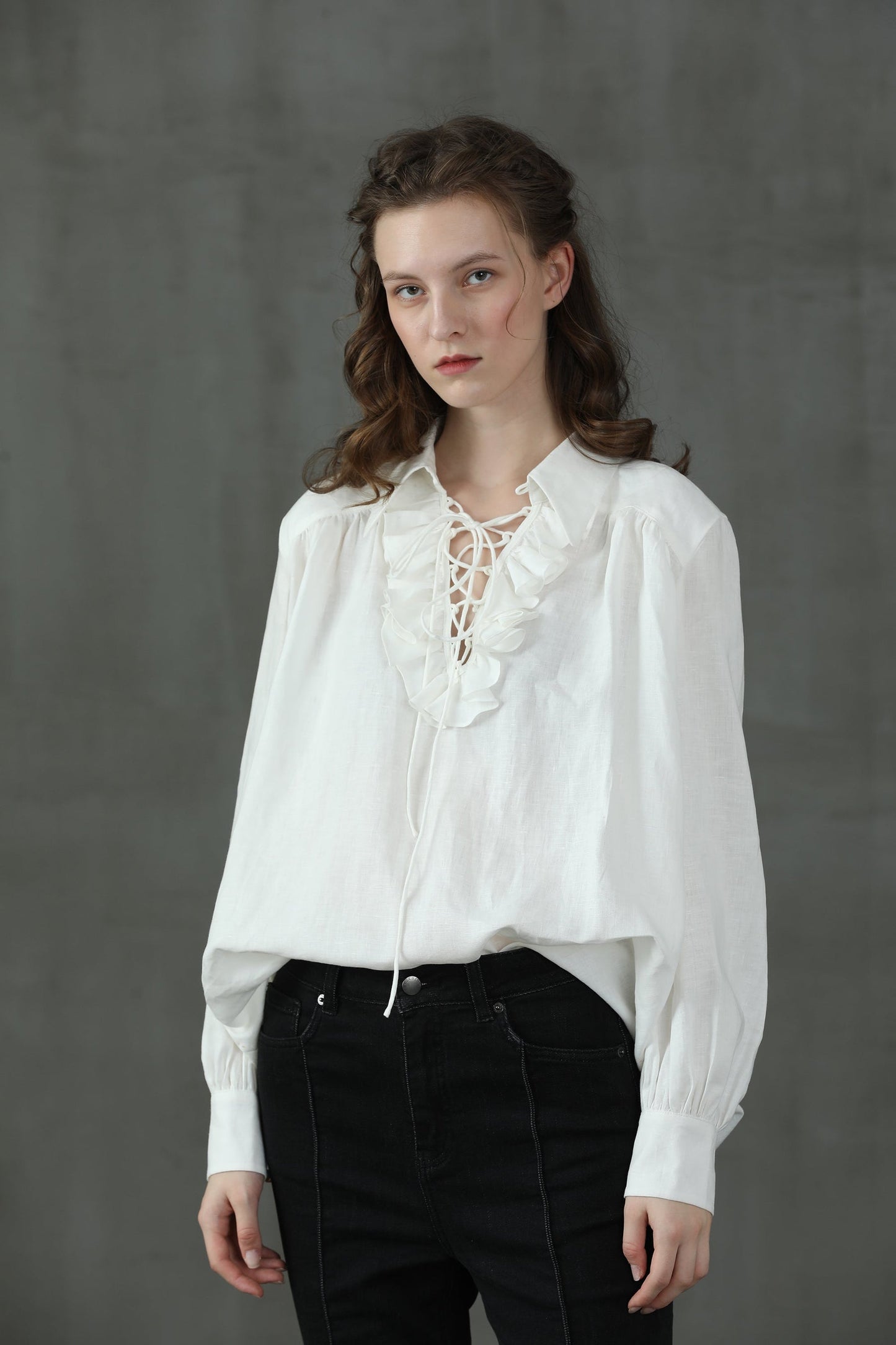 LAUREL LACE-UP LINEN BLOUSE SHIRT