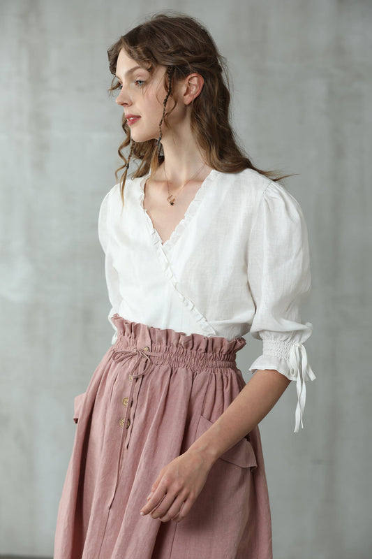 IRISES LINEN WRAP KIMONO BLOUSE