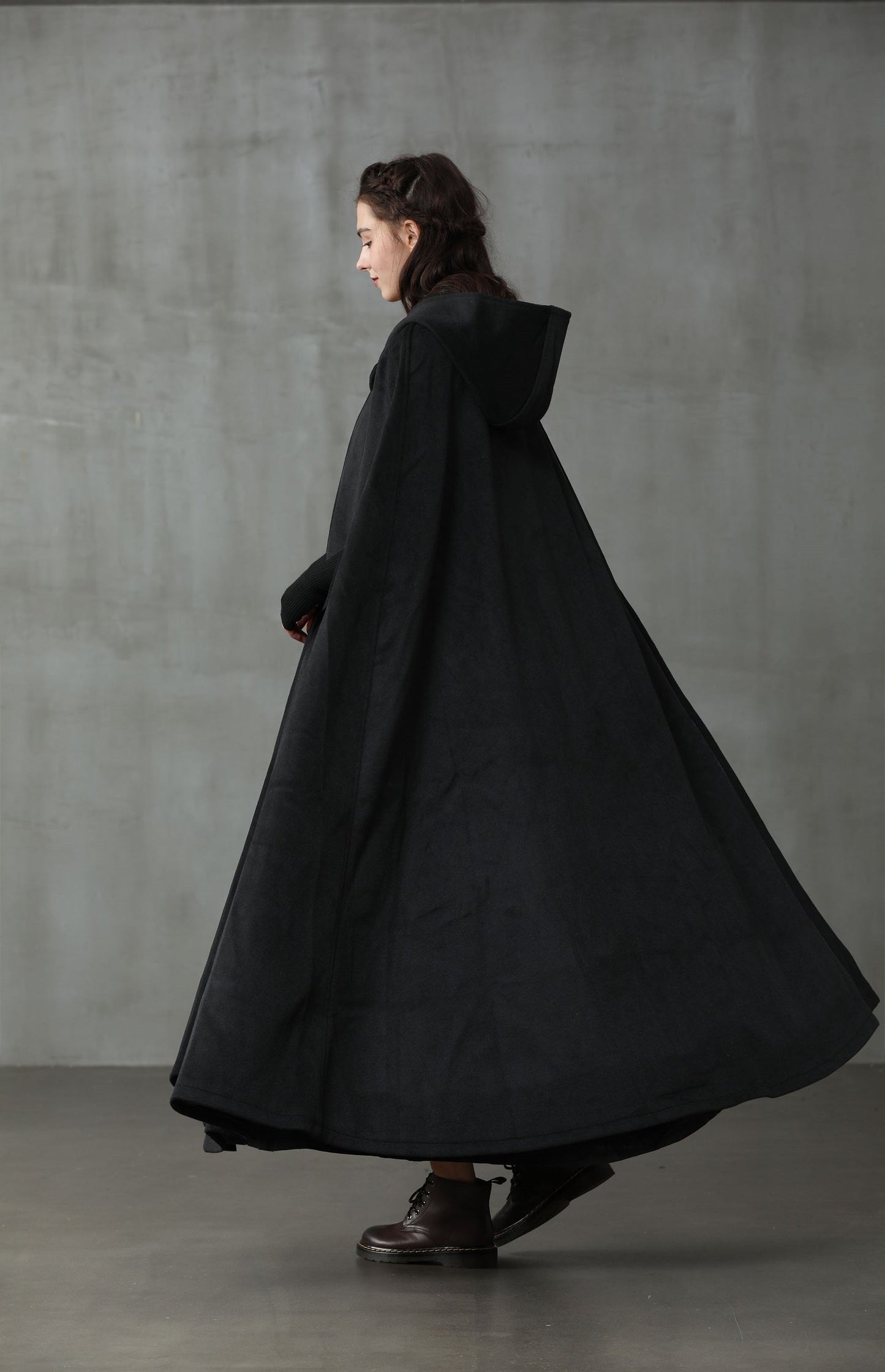 OUTLANDER BLACK WOOL CLOAK COAT