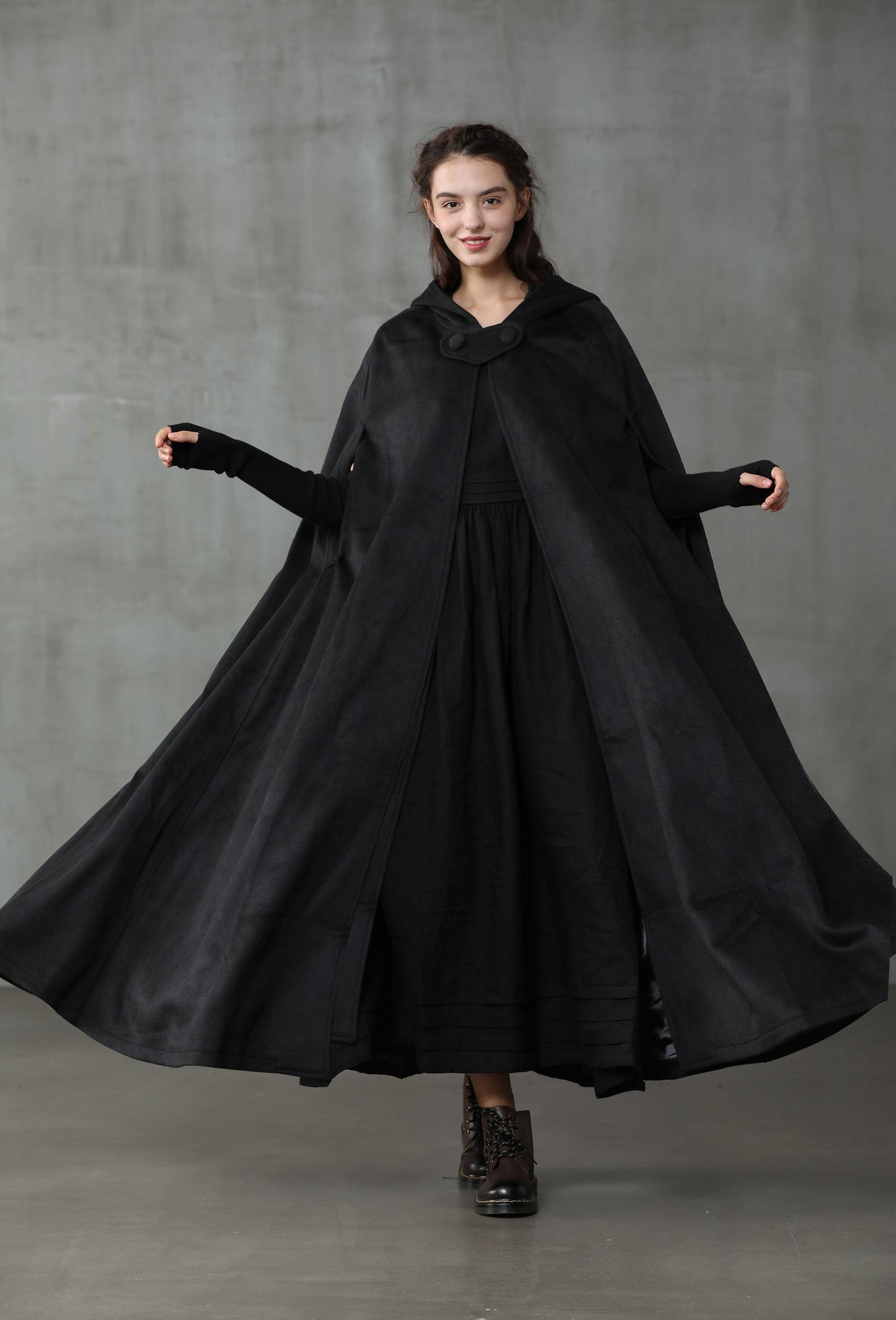 OUTLANDER BLACK WOOL CLOAK COAT