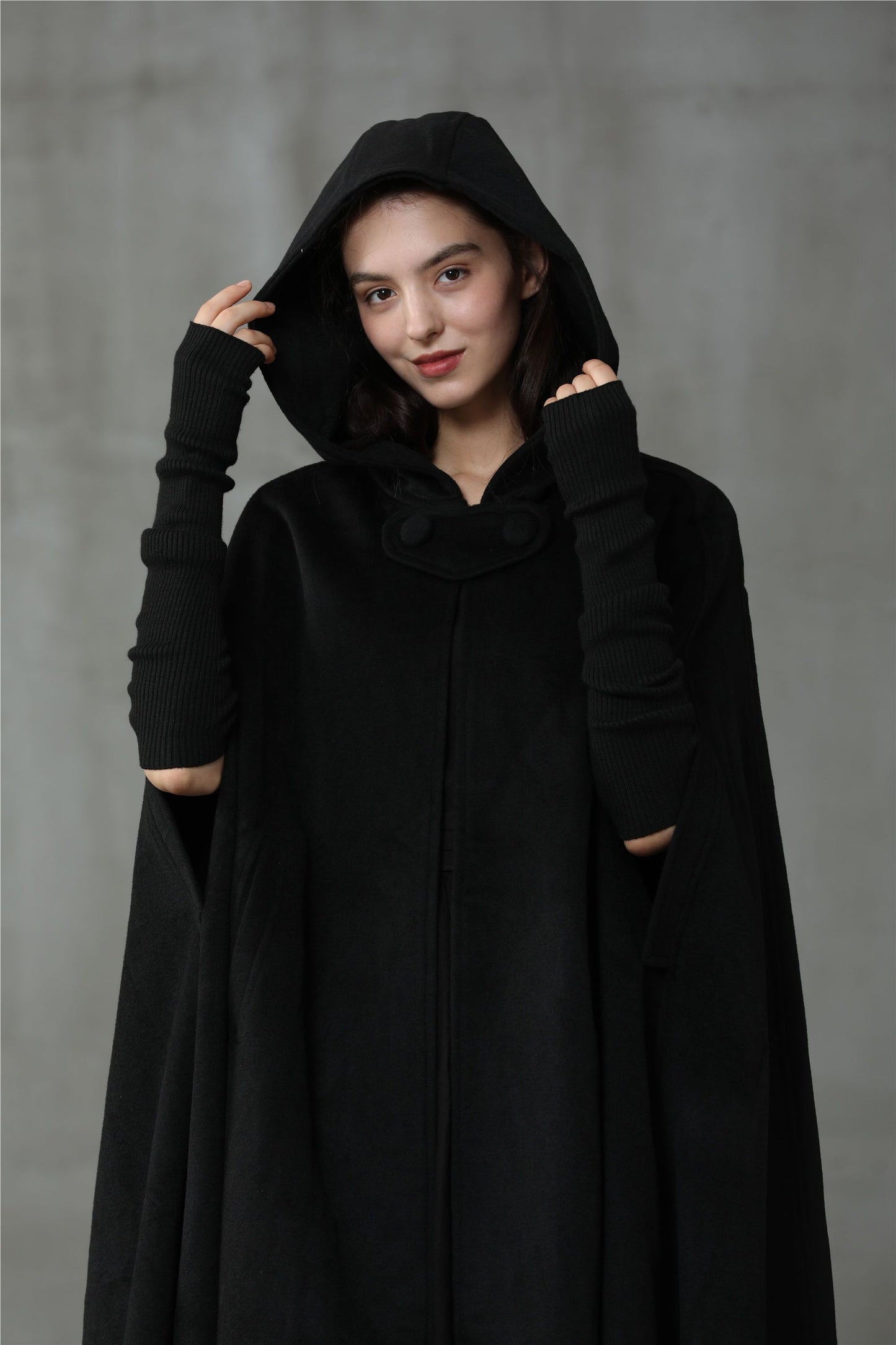 OUTLANDER BLACK WOOL CLOAK COAT