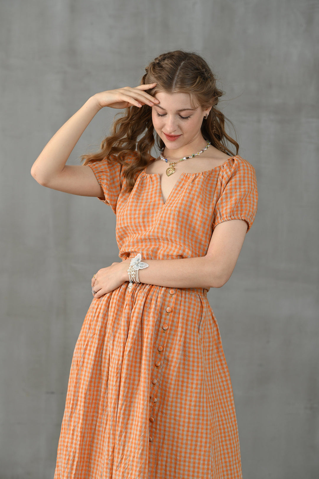 EASE 100% LINEN PLAID BLOUSE