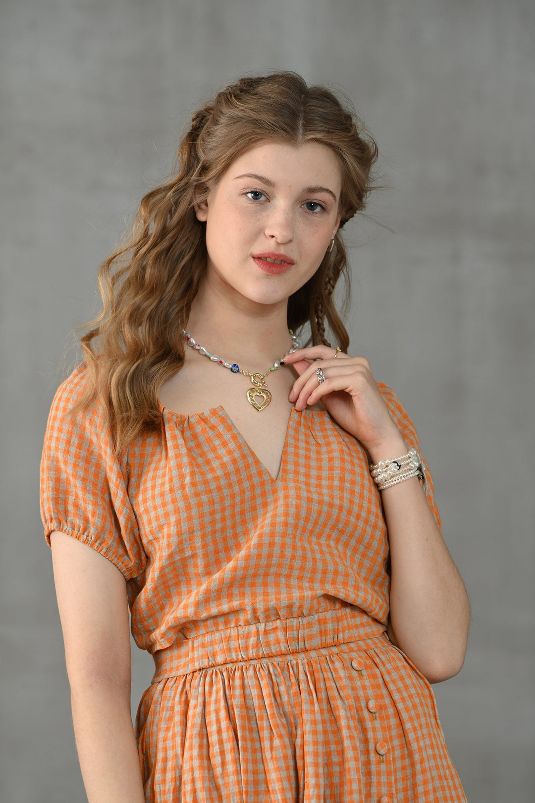 EASE 100% LINEN PLAID BLOUSE