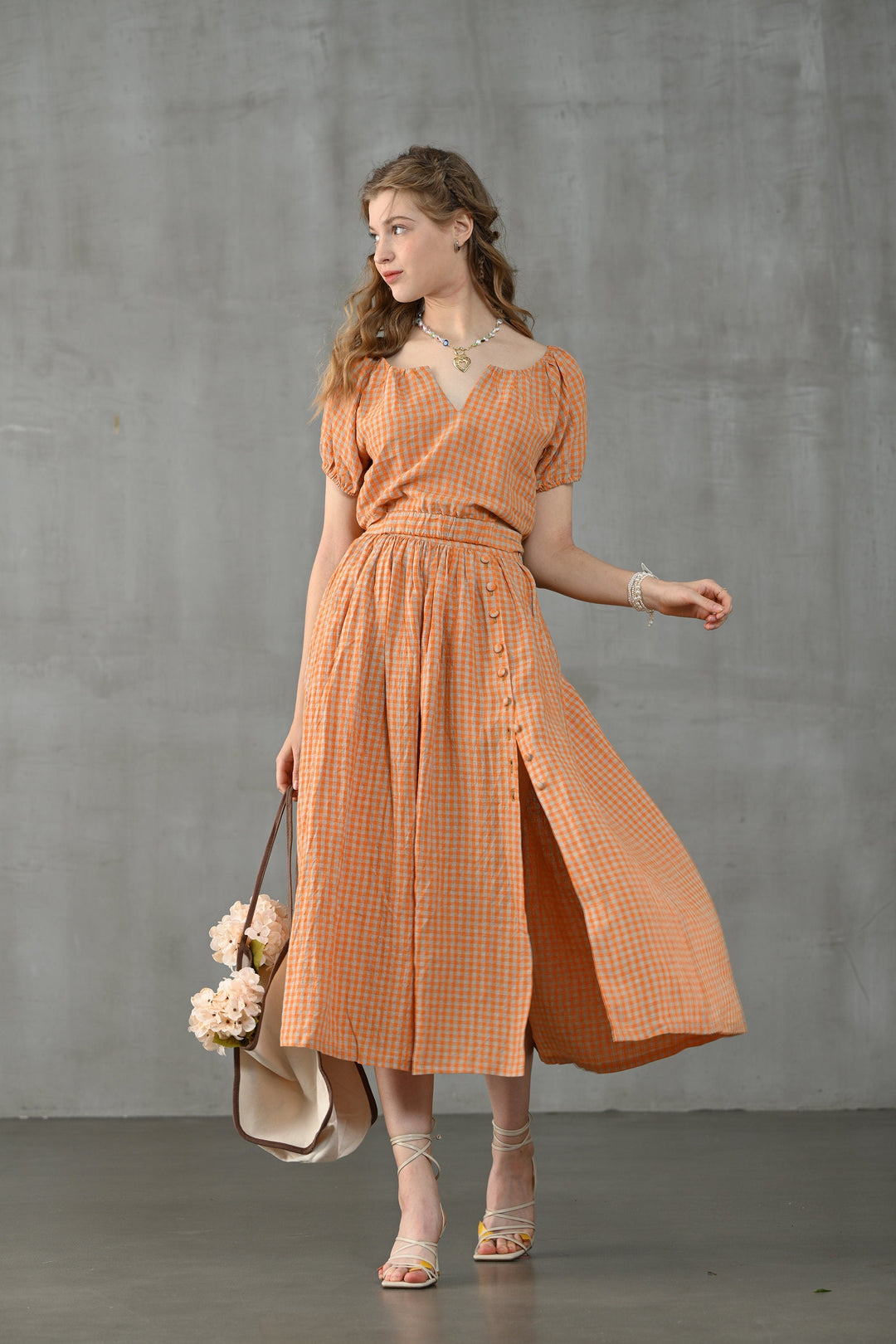 EASE 100% LINEN PLAID BLOUSE