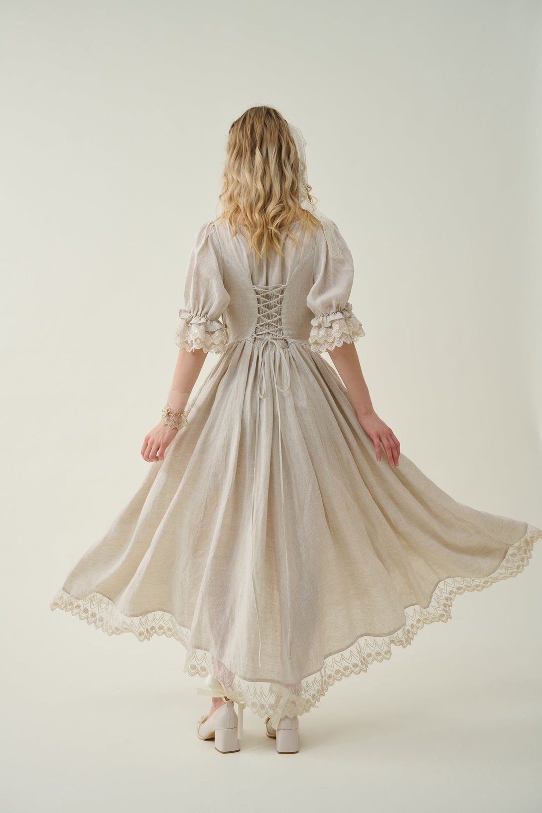 ELOWEN LACE LINEN DRESS GOWN ( 2 WAY TO WEAR )