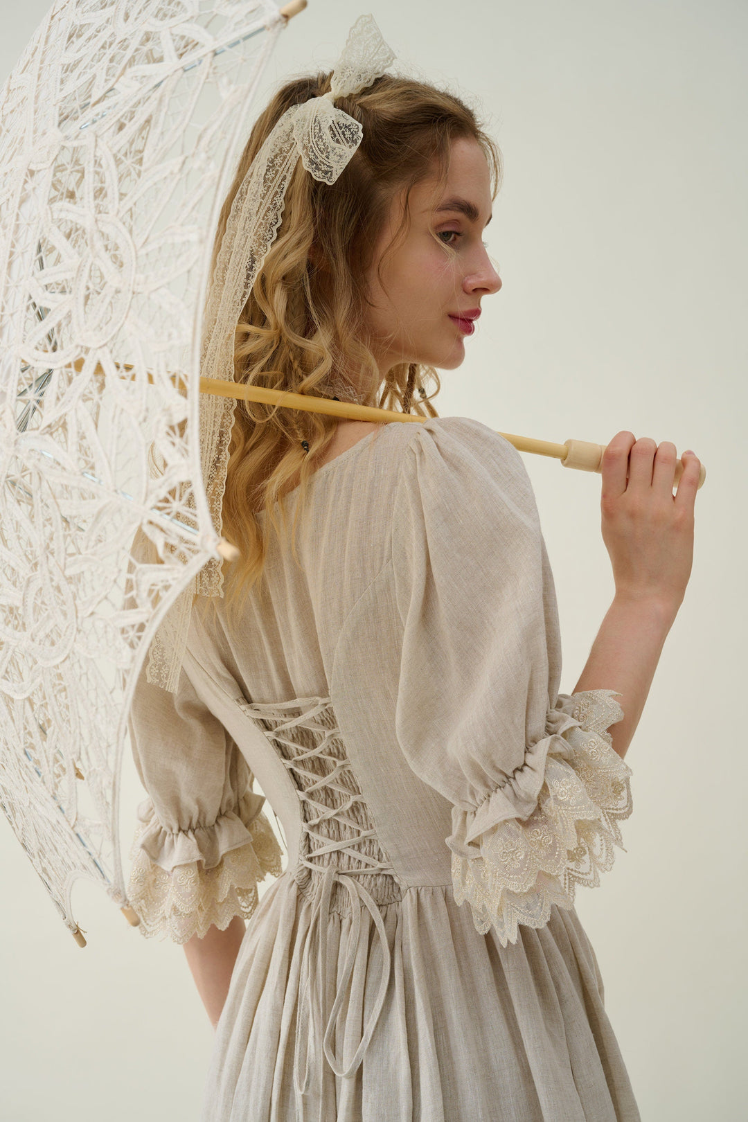 ELOWEN LACE LINEN DRESS GOWN ( 2 WAY TO WEAR )