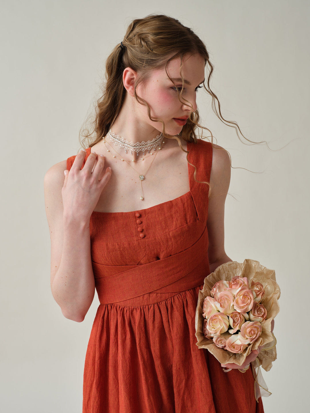 VETIVER CROSS BACK LINEN DRESS