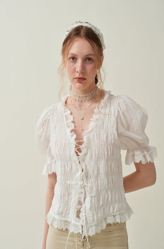 LUNA LACE UP LINEN TOP BLOUSE