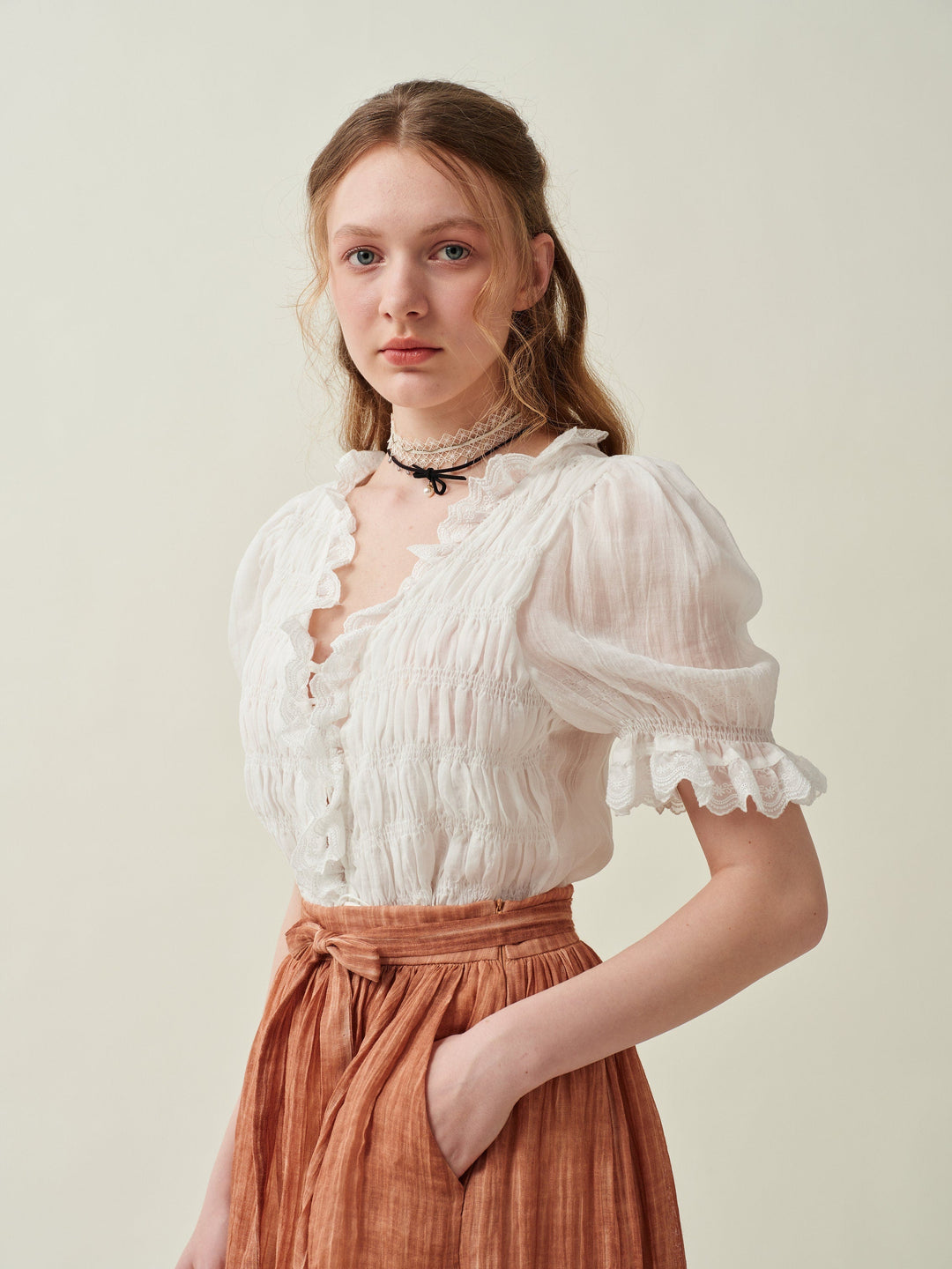 LUNA LACE UP LINEN TOP BLOUSE