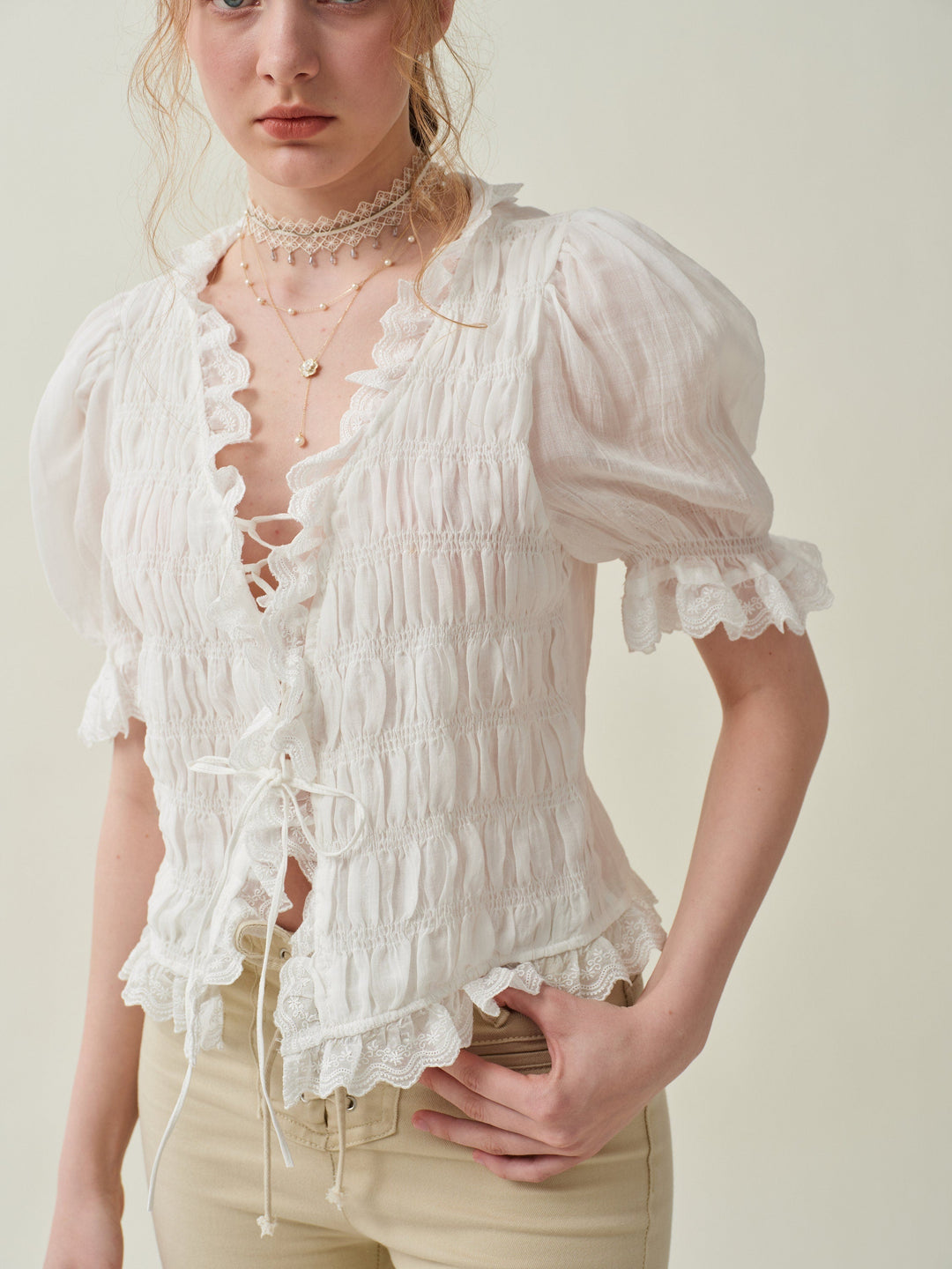 LUNA LACE UP LINEN TOP BLOUSE
