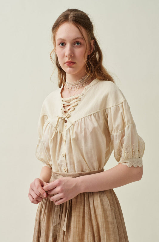 NERIA LACE UP LINEN SHIRT BLOUSE