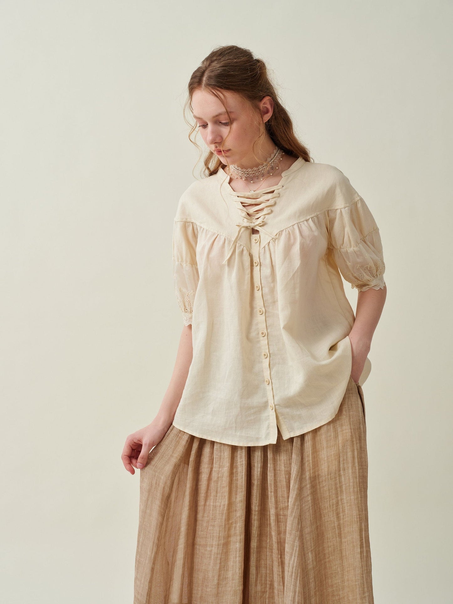 NERIA LACE UP LINEN SHIRT BLOUSE