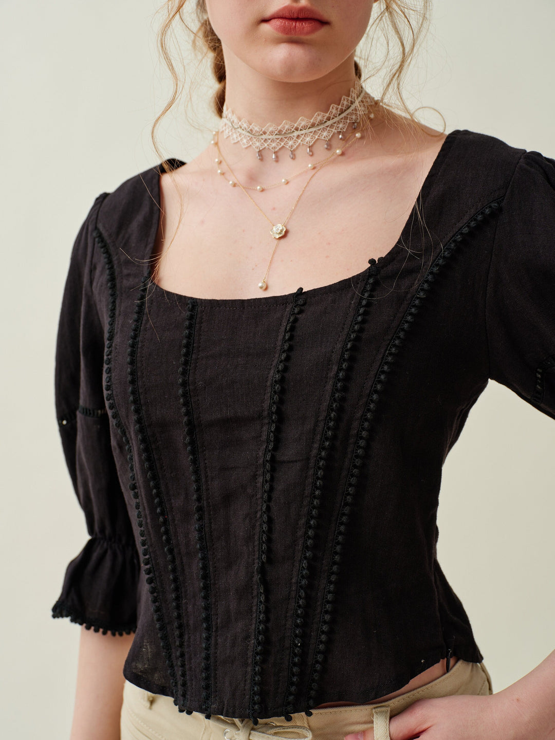 VETIVER CROSS BACK LINEN BLOUSE TOP