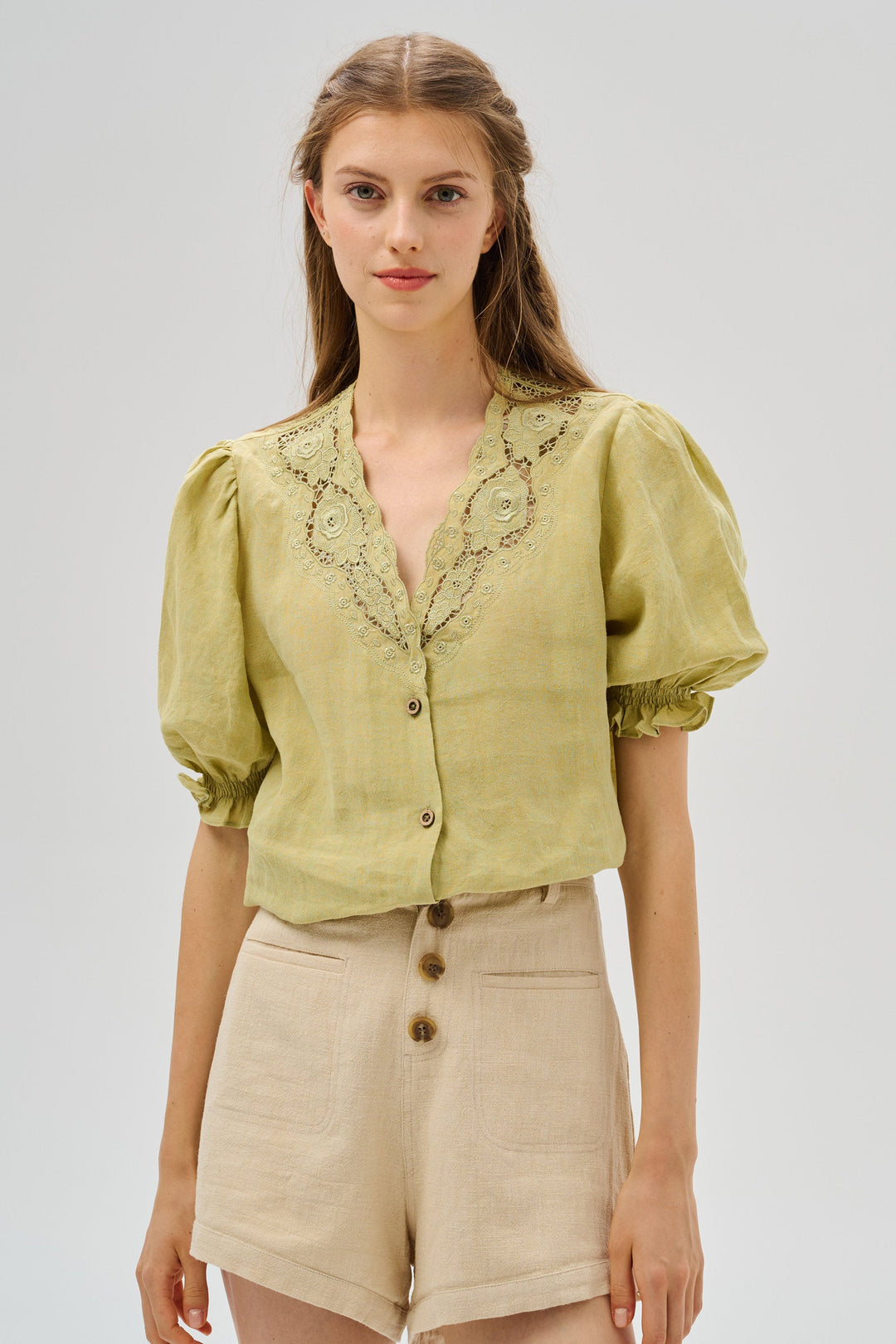 OPENWORK 100% LINEN BLOUSE WITH LACE
