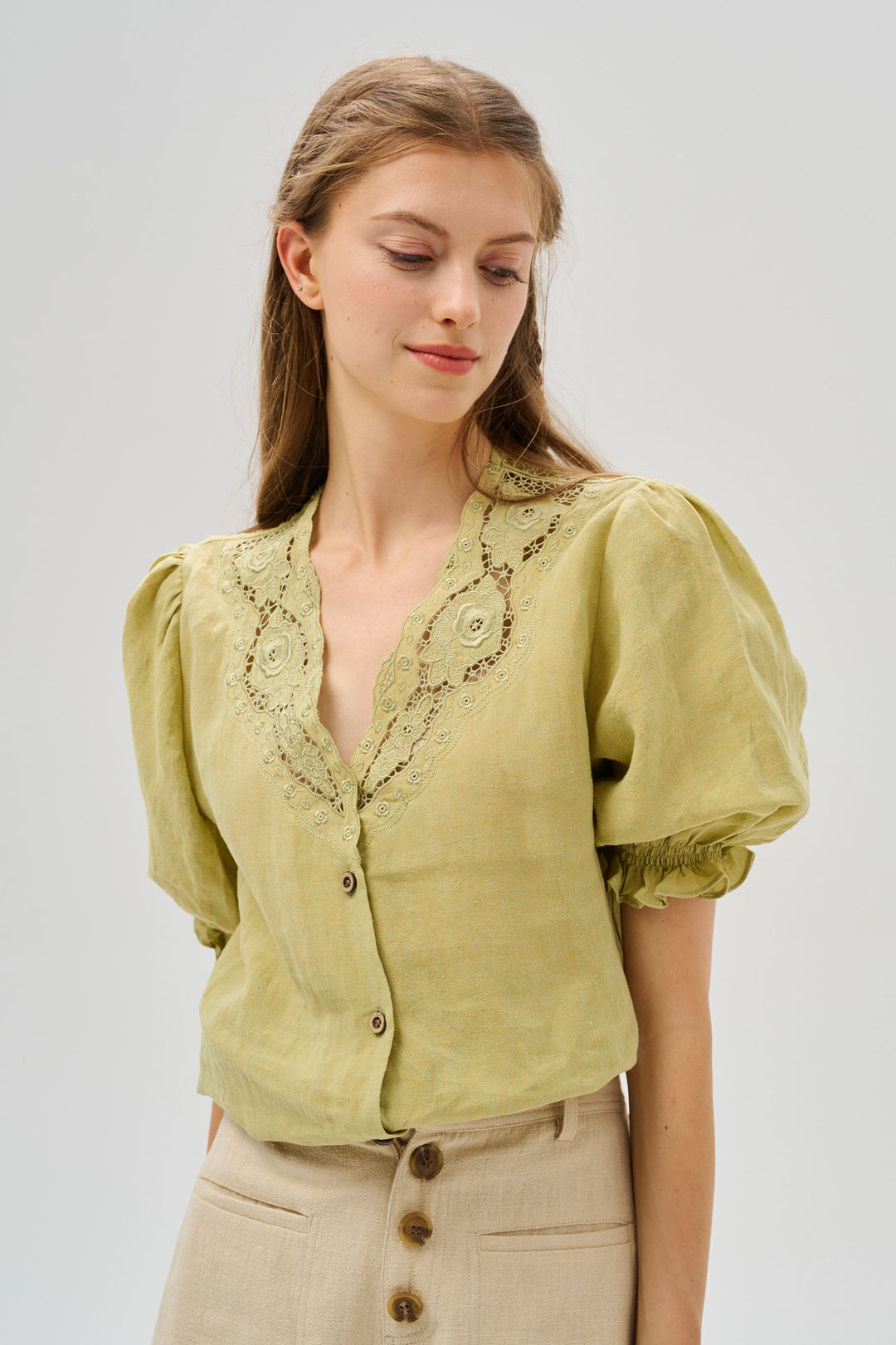 OPENWORK 100% LINEN BLOUSE WITH LACE