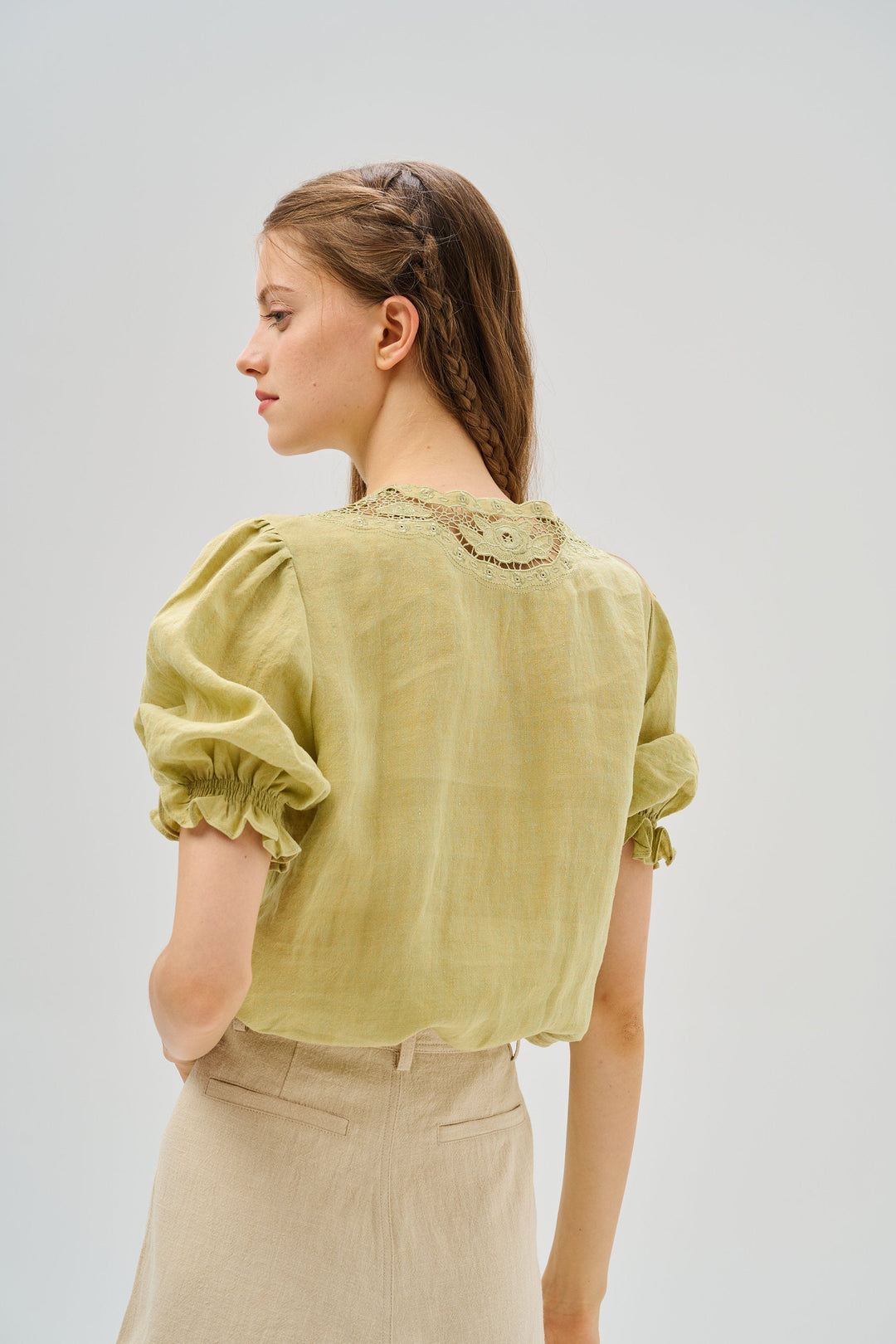 OPENWORK 100% LINEN BLOUSE WITH LACE