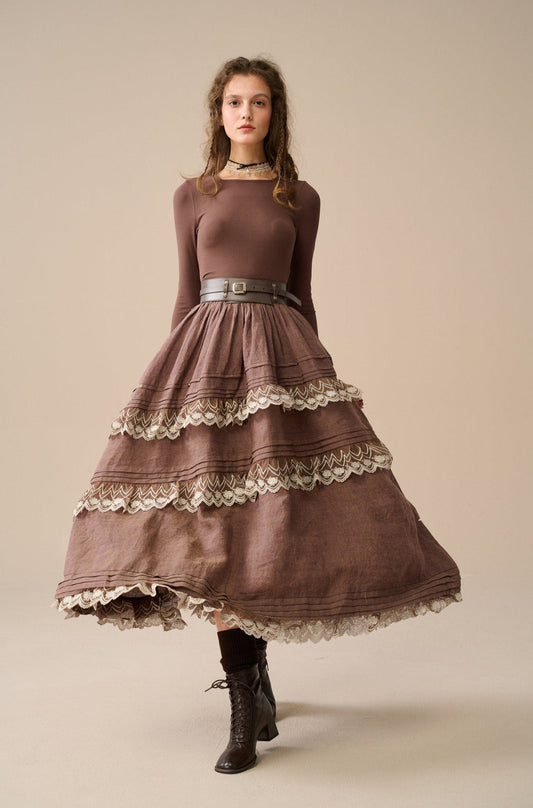 MONICA LAYERED LINEN SKIRT WITH LACE