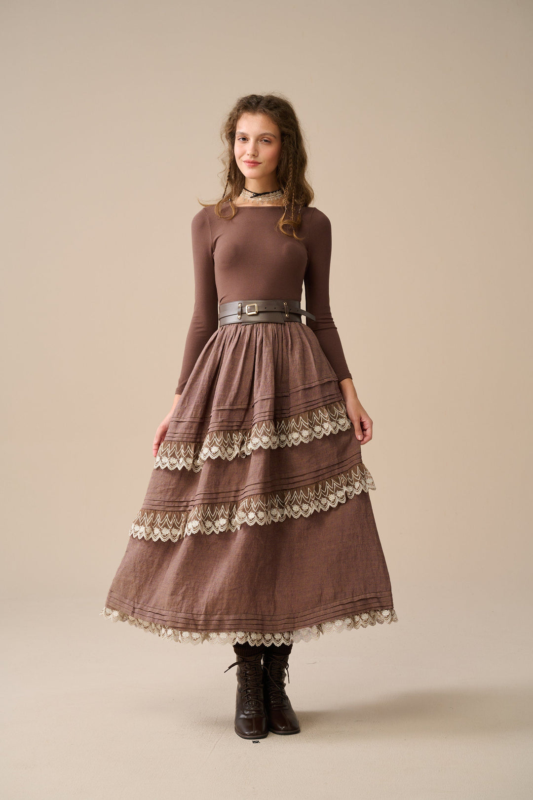 MONICA LAYERED LINEN SKIRT WITH LACE
