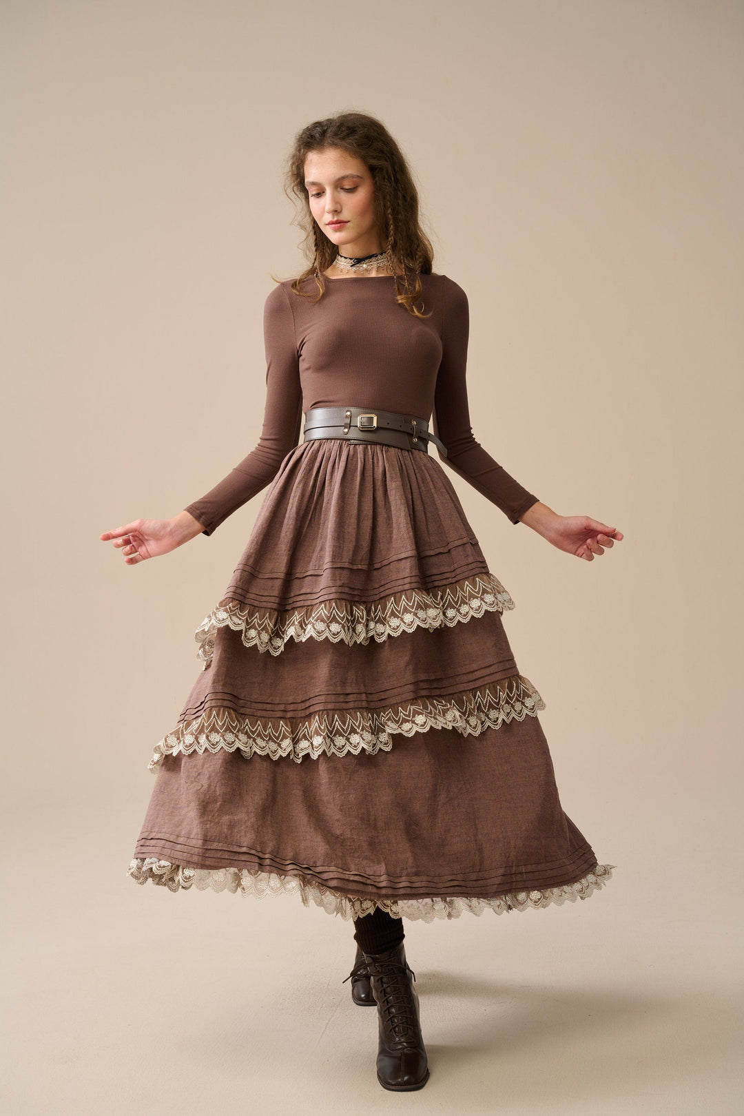 MONICA LAYERED LINEN SKIRT WITH LACE