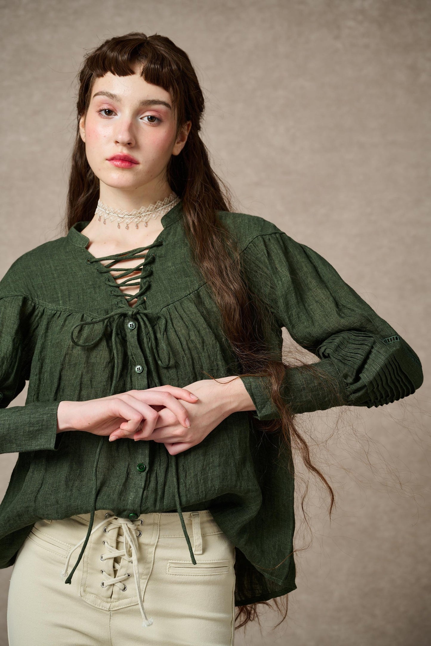 NERIA FOREST GREEN LACE UP LINEN SHIRT BLOUSE