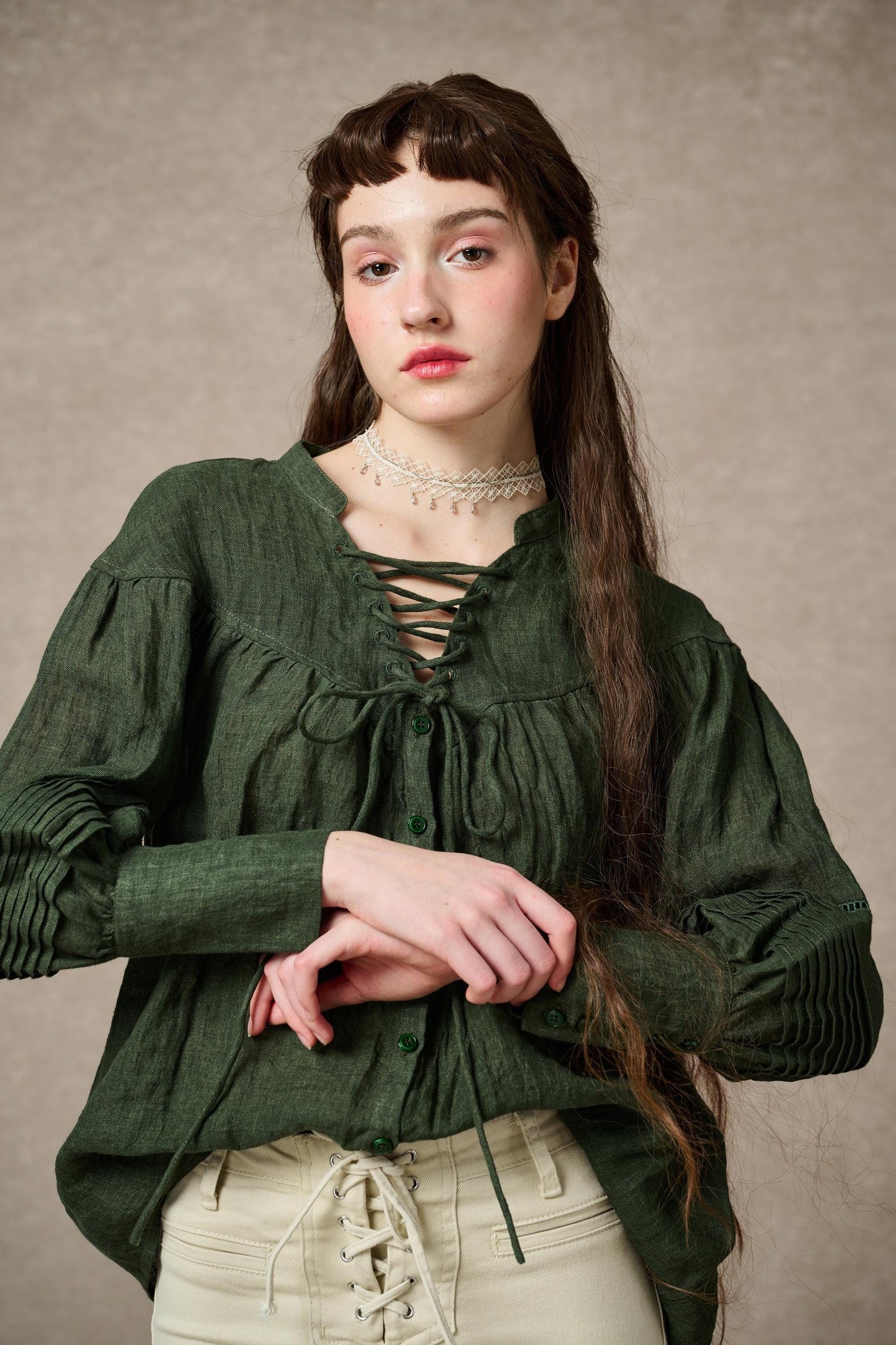 NERIA FOREST GREEN LACE UP LINEN SHIRT BLOUSE