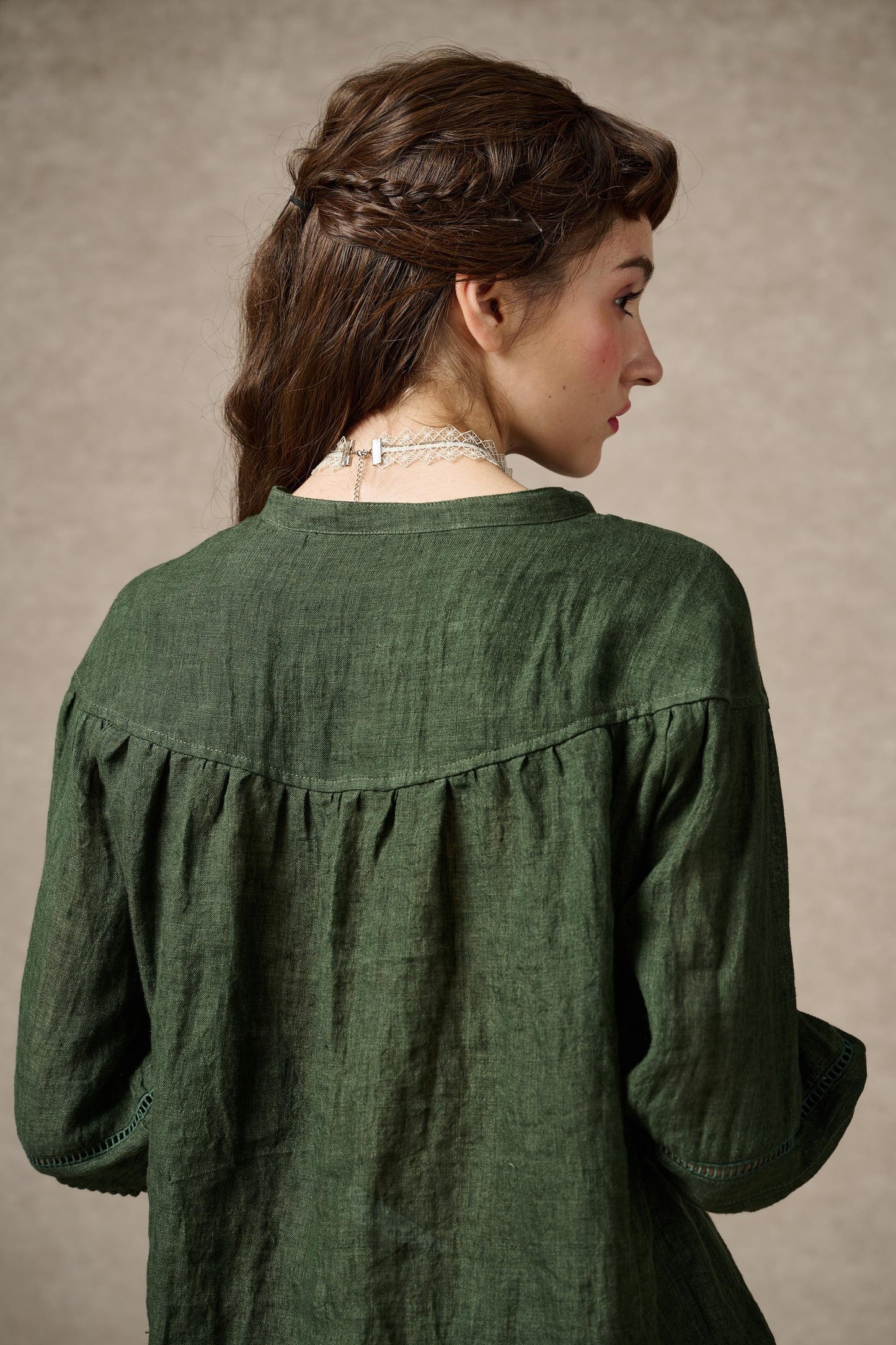 NERIA FOREST GREEN LACE UP LINEN SHIRT BLOUSE