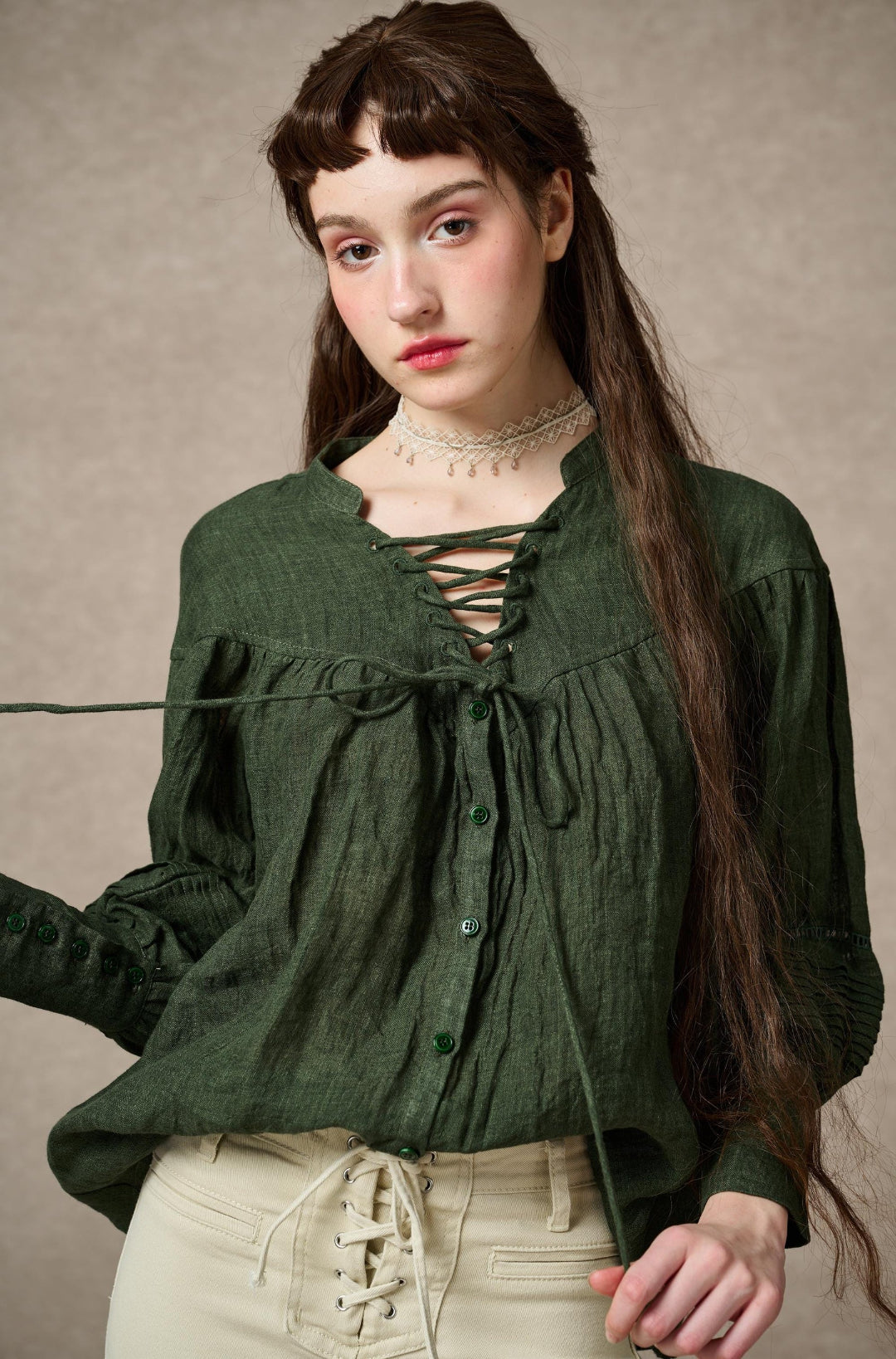 NERIA FOREST GREEN LACE UP LINEN SHIRT BLOUSE