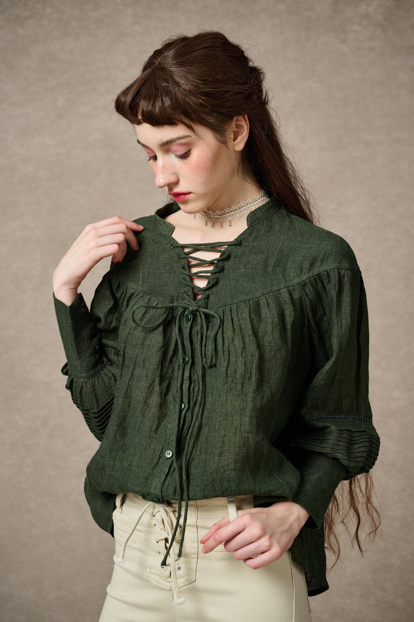 NERIA FOREST GREEN LACE UP LINEN SHIRT BLOUSE