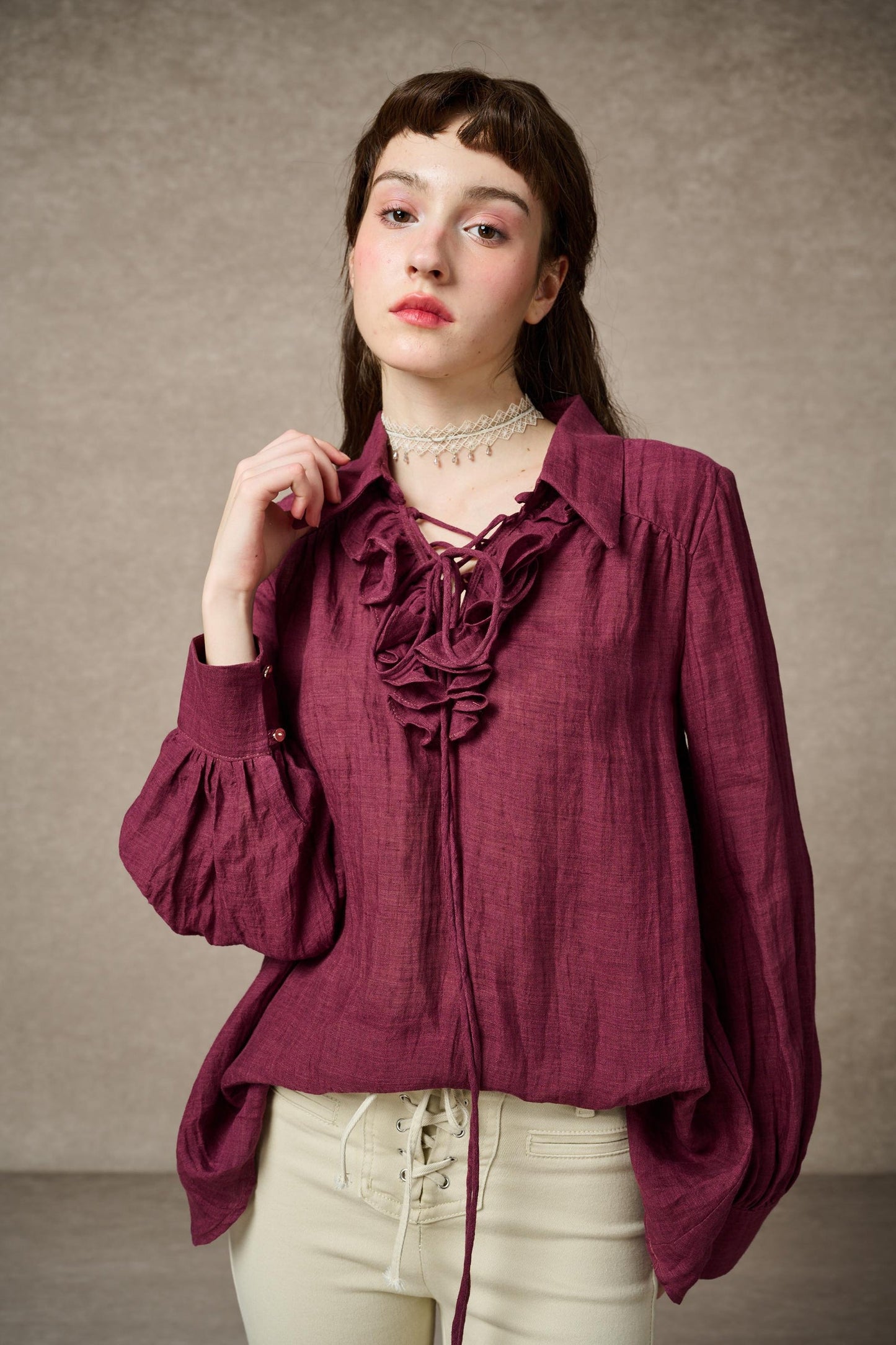 LAUREL LACE-UP LINEN BLOUSE SHIRT