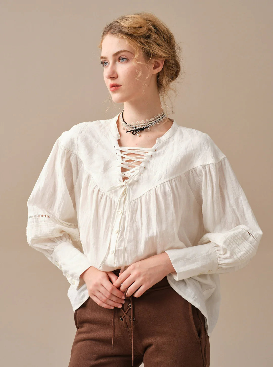 NERIA FOREST GREEN LACE UP LINEN SHIRT BLOUSE